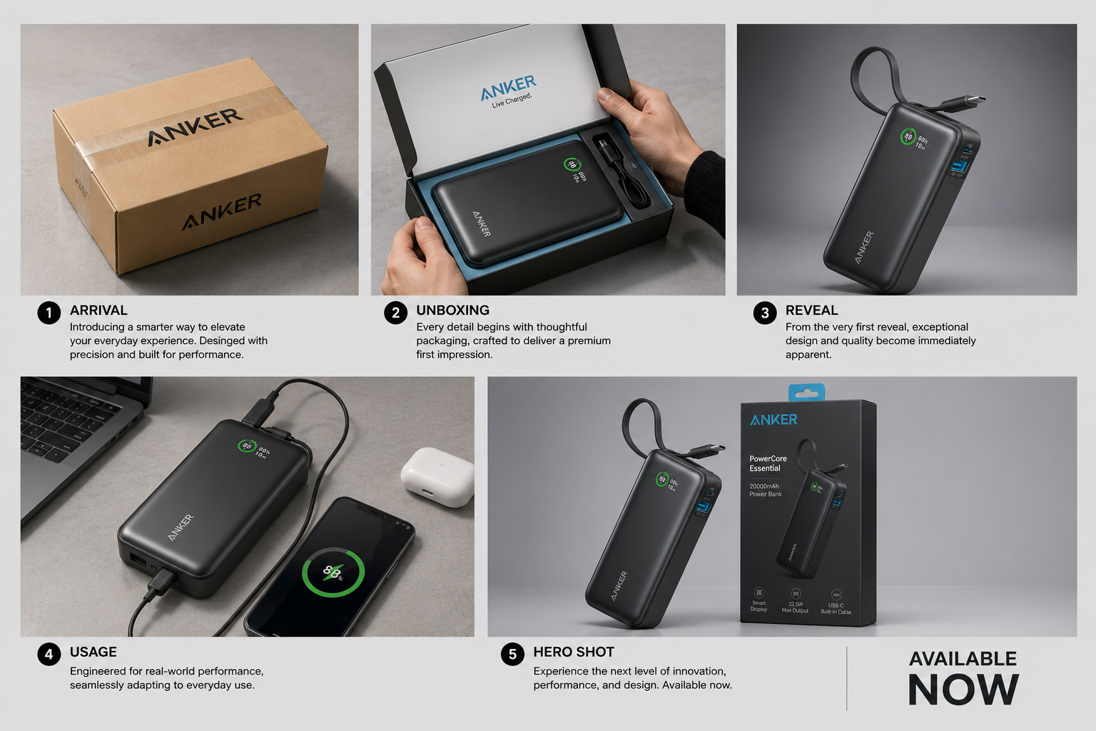 Power Bank Amazon Ad — 5-scene storyboard preview