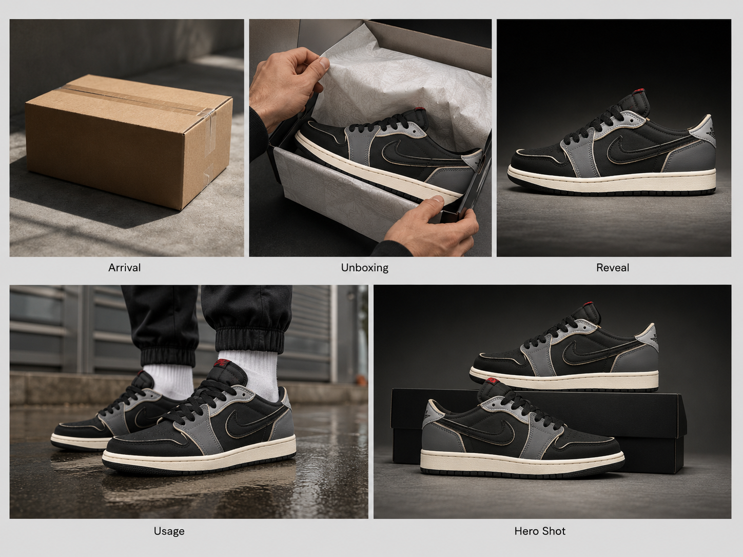 Monochrome Lifestyle Ad — 5-scene storyboard preview